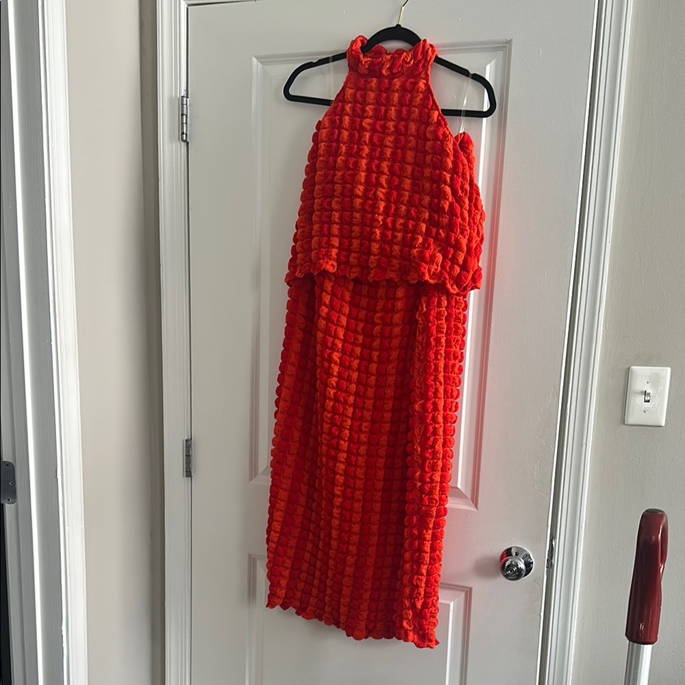 Vibrant Red Textured Halter top set
